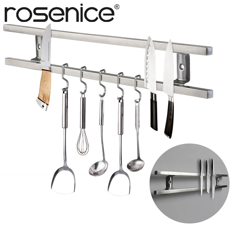 

Wall-mounted 304 Stainless Steel Magnetic Knife Holder Double Bar Storage Rack for Knives Utensils Kitchen Sets Hook Accessories