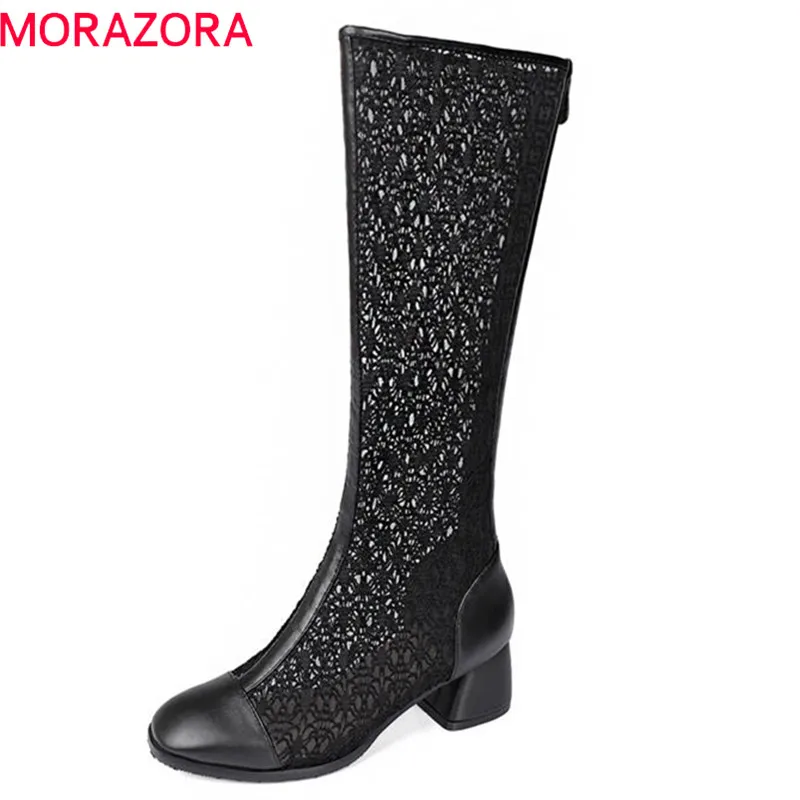MORAZORA 2018 new arrival round toe summer shoes hollow out lace zipper boots women solid color party square high heels shoes цена MORAZORA 2018 new arrival round toe summer shoes hollow out lace zipper boots women solid color party square high heels shoes цены онлайн