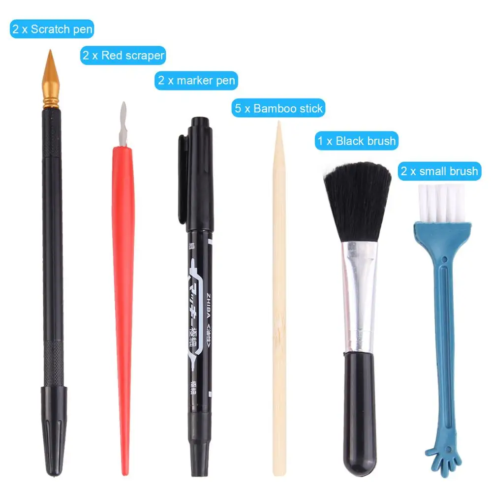 14PCS Scraping Painting Art Tools Set with Bamboo Stick Scraper Repair Pen Black Brush for Kids Children Birthday Christmas Gift