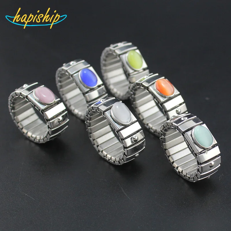 Hapiship 2018 Women Jewelry 9mm Width Stainless Steel Opals Silver Elastic Ring Size 7 For Best Friend Wife Birthday Gift RS02
