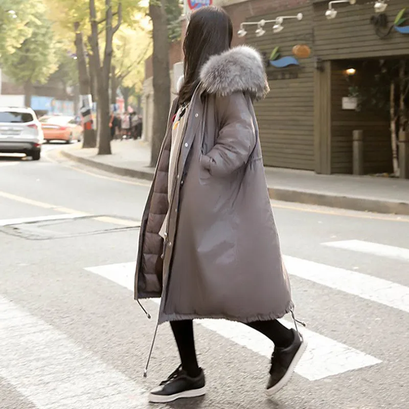 Пуховые парки, хлопковая куртка, женское длинное плотное зимнее пальто, плотное, до колена, большой размер, воротник из искусственного меха, с капюшоном, женское базовое пальто S201 - Цвет: gray