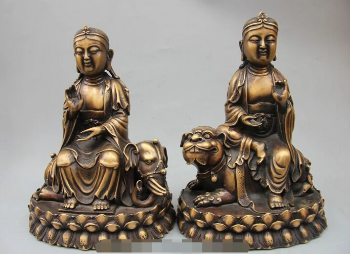 

free 12" Chinese Copper Seat Wenshu Manjushri Ride Elephant Lion Foo Dog Statue Pair fast