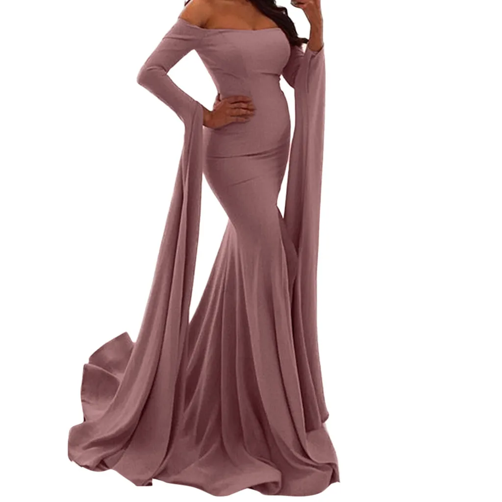 

2019 Fashion Women's Dress Elegant Evening Slim Long Sleeve Split Sexy Strapless Long Sleeve Open Dress Evening Party Dress