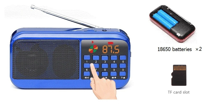 

Pocket Radio FM Radio Receiver with 2*18650 Batteries Mini Portable Radio Receiver Speaker Support TF Card Music MP3 Player