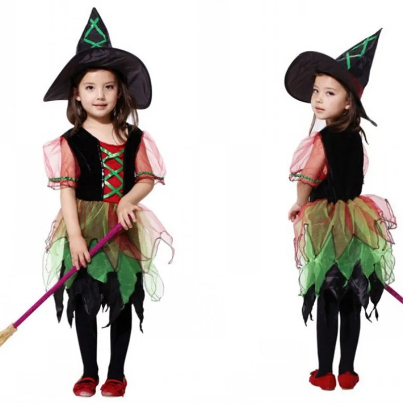 

Kids Girls Woodland Witch Costume with Hat Cosplay Clothes Christmas Carnival Halloween Masquerade Fancy Dress for Children