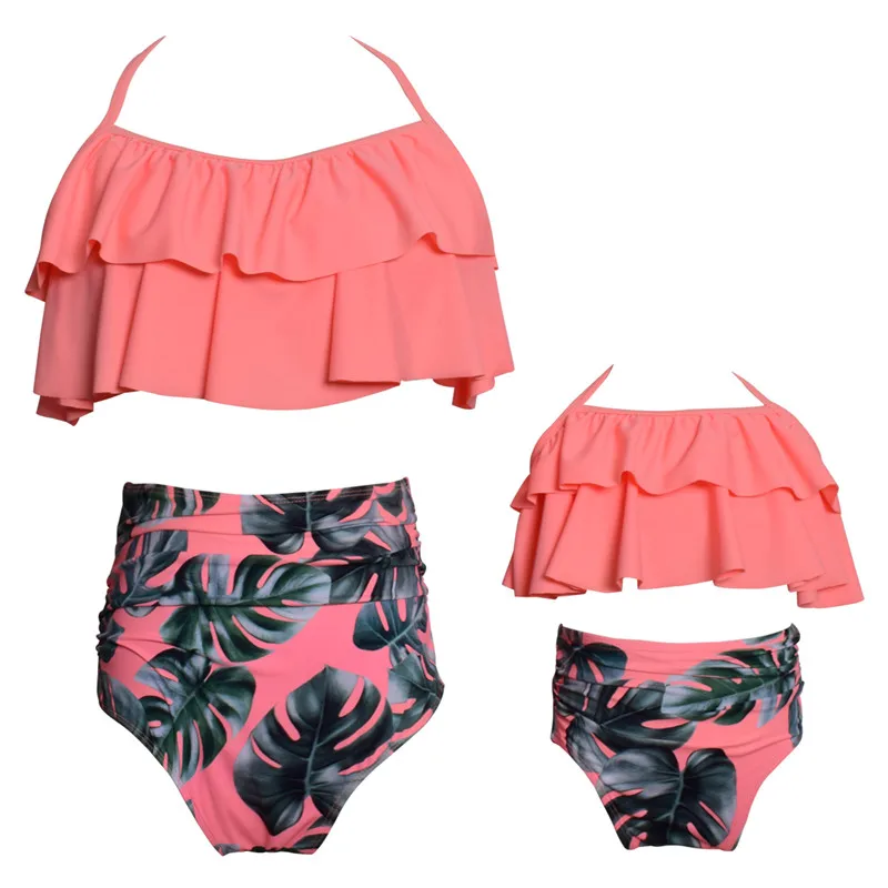 

Two Piece Parent-child Swimwear High Waist Halter Ruffle Mother Daughter Swimsuit Women Girl Family Matching Bathing Suit Bikini