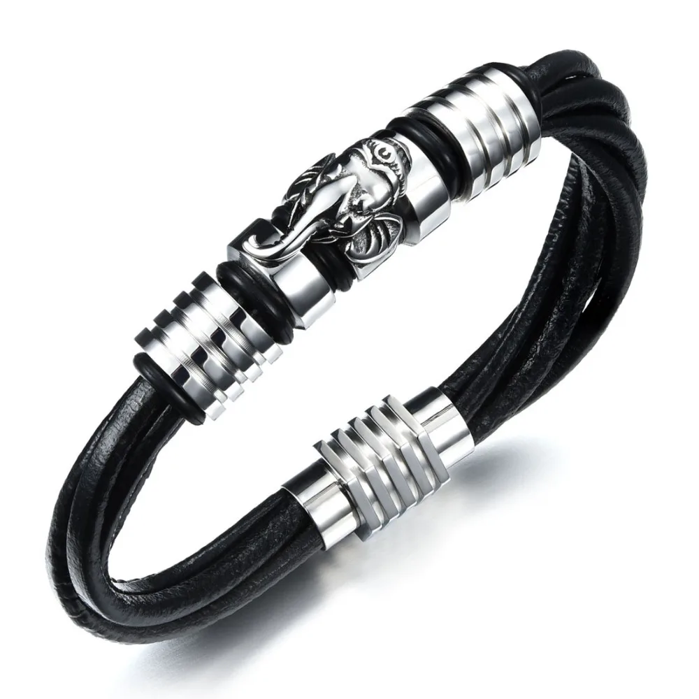 7.87" Black Genuine Leather Elephant Charm Bracelet Men Gift