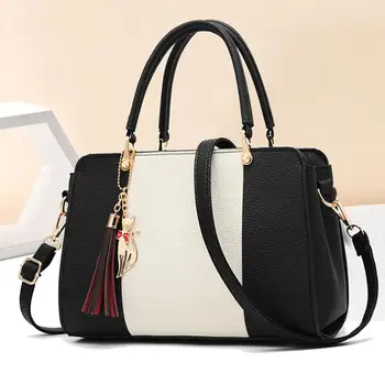 

Color Block Cat Tassel Pendant Handbag Women Faux Leather Crossbody Shoulder Bag Handbags Casual Tote Bags