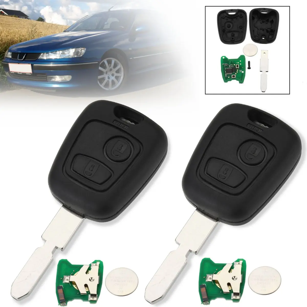 

2Pcs 2 Buttons Lock Unlock Car Remote Key Fob Case Shell With ID46 Chip CR2016 433MHz For Peugeot 406