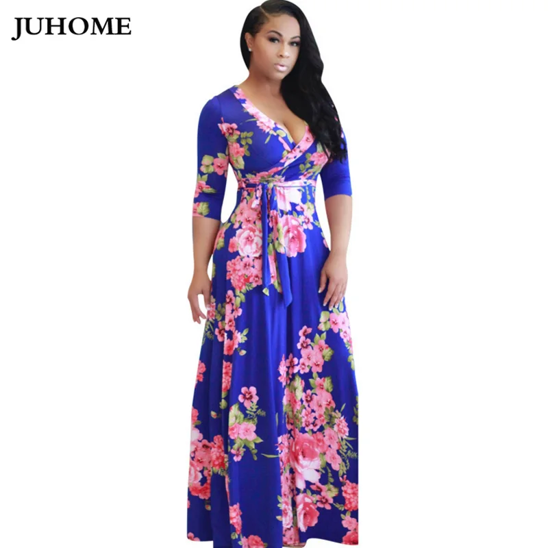 elegant blue yellow white flower print vestidos robe sexy Vintage A Line v neck designer dress
