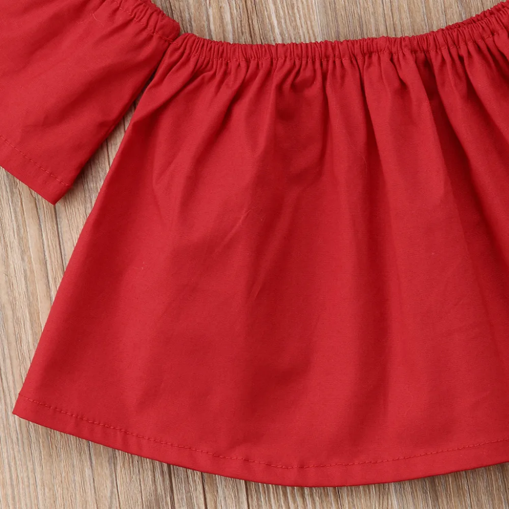 Летние Детские комплекты одежды для девочек летние укороченные топы с открытыми плечами+ джинсовые штаны с дырками и розами комплект одежды для девочек-подростков