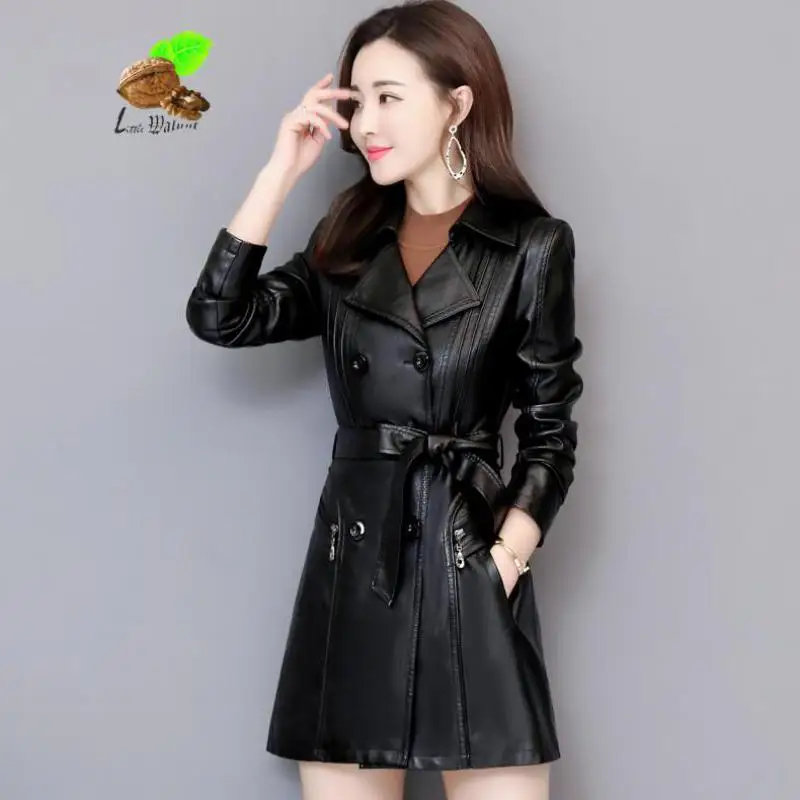 2019 New Women Spring Genuine Leather Long Lady Turn-down Collar Double Breasted Slim Plus Size Trench Windbreaker