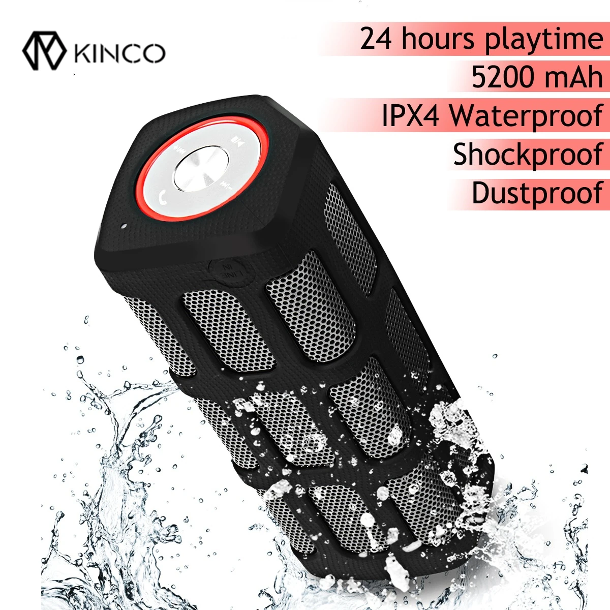 

KINCO bluetooth Speaker Waterproof Shockproof Dustproof Outdoor Portable Speaker 24-Hour Built-in 5200mAh Power Bank