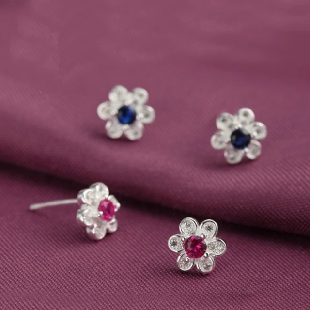 Cute Red Blue Stone 925 Sterling Silver Flower Stud Earrings Cute Red Blue Stone 925 Sterling Silver Flower Stud Earrings Small Rhinestone