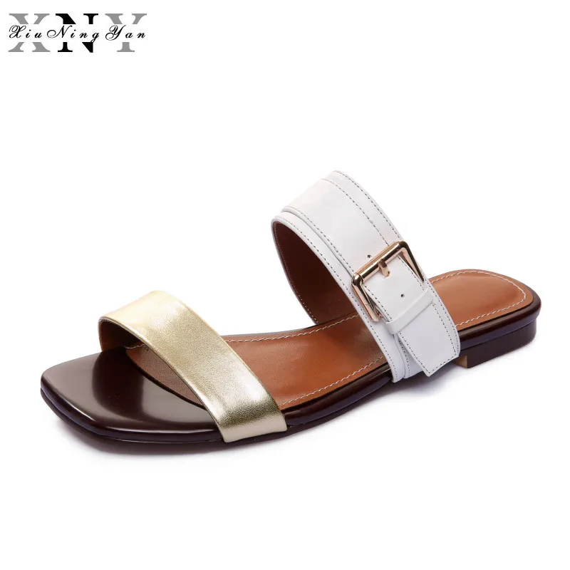 

Causal Summer Shoes Woman Slippers Slides Low Heels Sandal Lady Mules Flip Flop White Leather Sandals Shoe Alpargata Mujer 2017