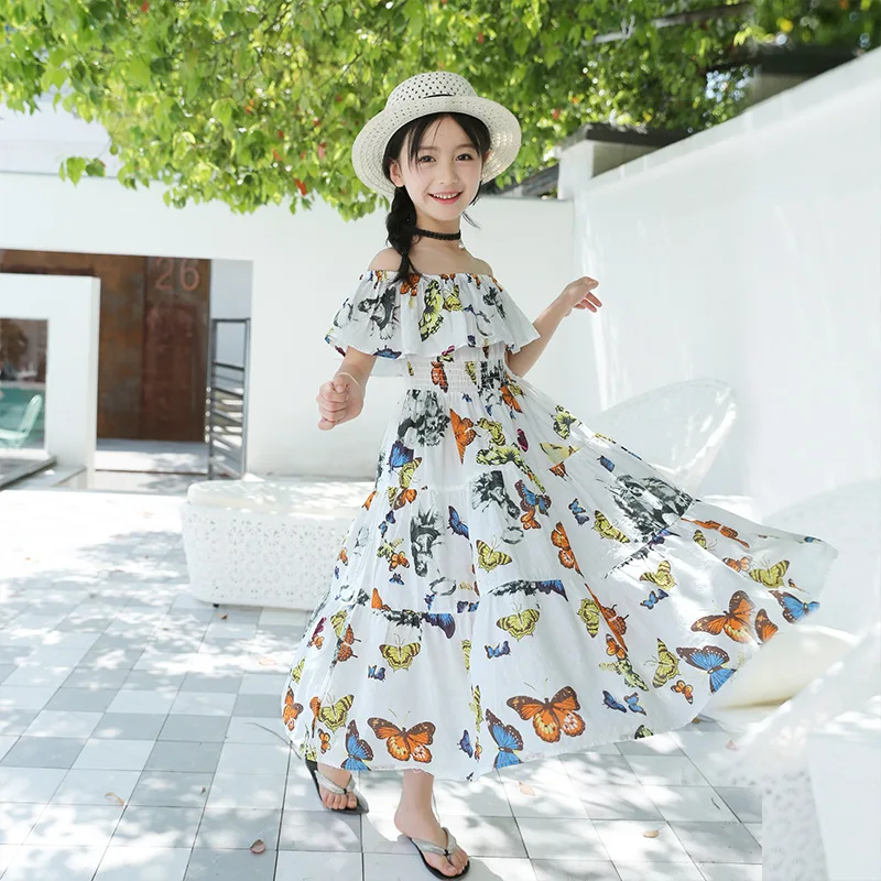 

2018 New Girls Summer Bohemian Princess Colorful Butterfly Print Cotton Dress For School Girls Elastic Waist Beach Holiday Dress