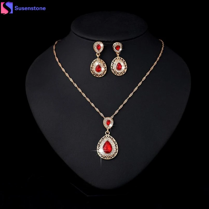 

SUSENSTONE Crystal Necklace Earrings Wedding sets For Women's Bohemian Jewelry set #5-6