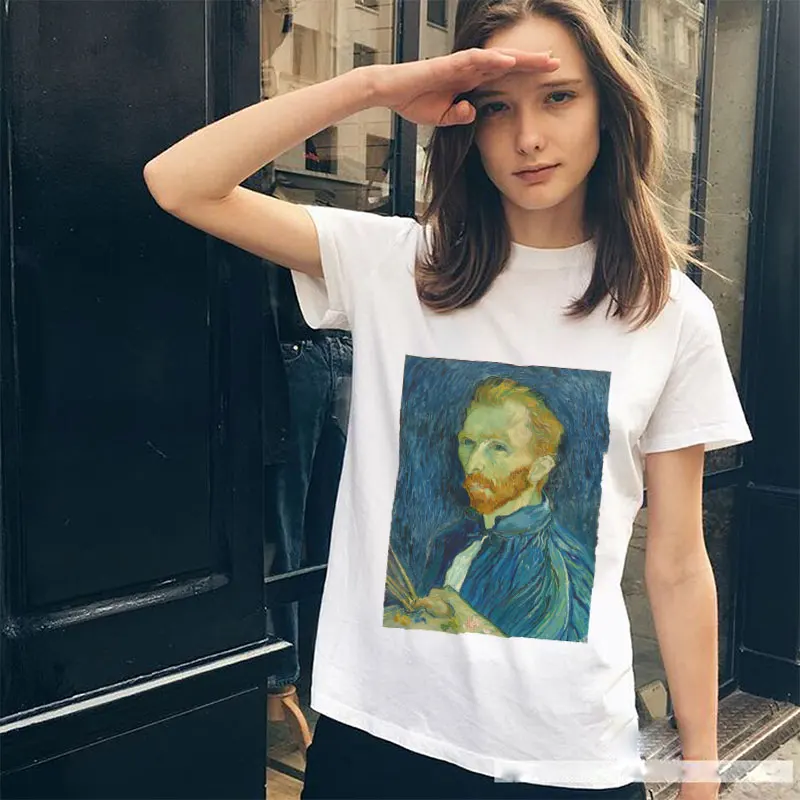 Летняя модная футболка женская забавная картина маслом Ван Гога Звездная ночь размера плюс Повседневная Harajuku футболка с коротким рукавом Femme