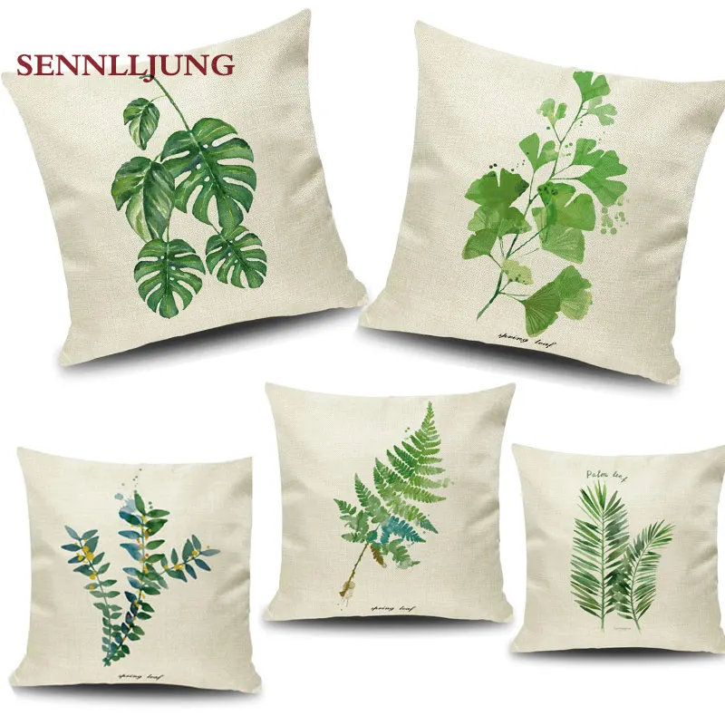 

Square Simple Fashion HomeFresh green leaf digital printing linen pillow customized home sofa cushion pillow sleeve without core