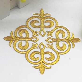 

YACKALASI 5 Pcs Gold Cosplay Lace Appliqued Iron On Glue Squared Embroidery Trims Gold and silver Patches Flower 8cm