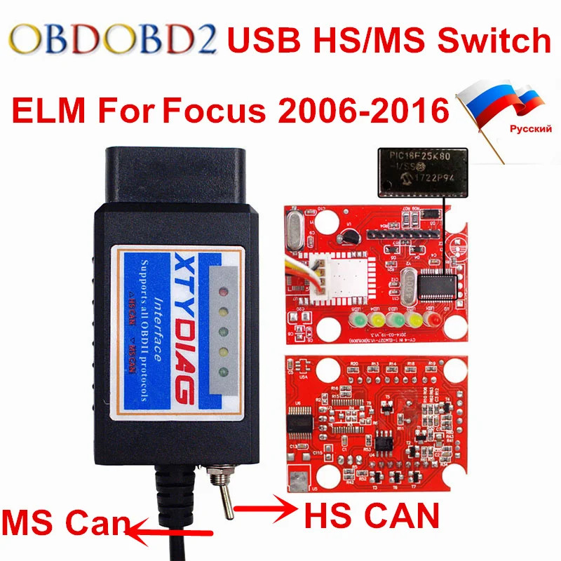 Высококачественный USB ELM327 Переключатель V1.5 HS MS диагностический сканер PIC18F25K80 USB ELM 327 1,5 для фокусировки Forscan ELMconfig HS/MS CAN