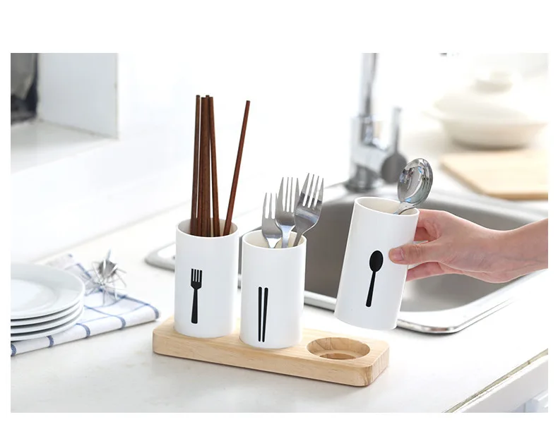 CTREE 1 комплект белая емкость для палочек для еды полка для хранения посуды дубовая основа сушилка лопата ложка нож коробка для вилок кухня хранения C668