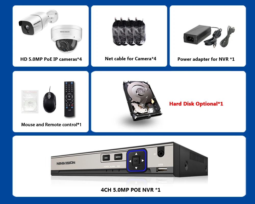 NINIVISION H.265 4CH 48V 5MP CCTV система NVR 5MP POE NVR kit 4X5 Мп 2592*1944 Крытый уличная Антивандальная Водонепроницаемый POE IP Камера