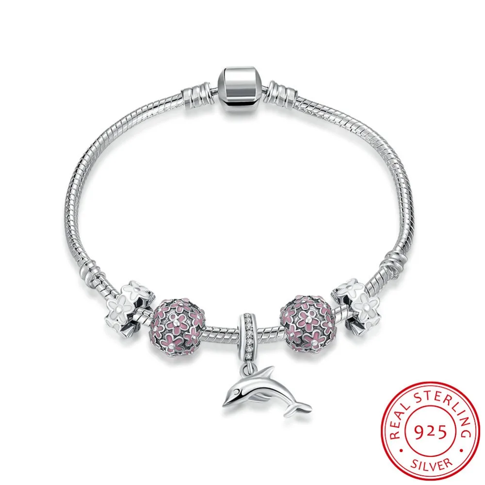 

Hot Sale 100% 925 Sterling Silver Bracelet For Women With Dolphin Charms Beads Fashion Jewelry Original Christmas Gift H014