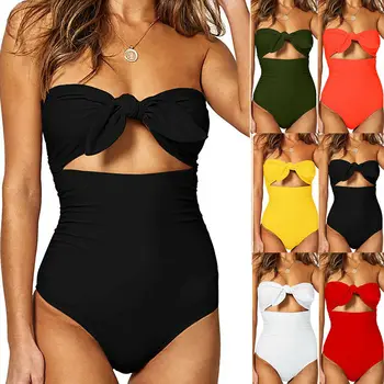 

Hot 2019 Sexy Women Swimwear One Piece Swimsuit Padded Beach Summer Solid Ladies Bow Monokini Push Up Bikini Bathing Suit