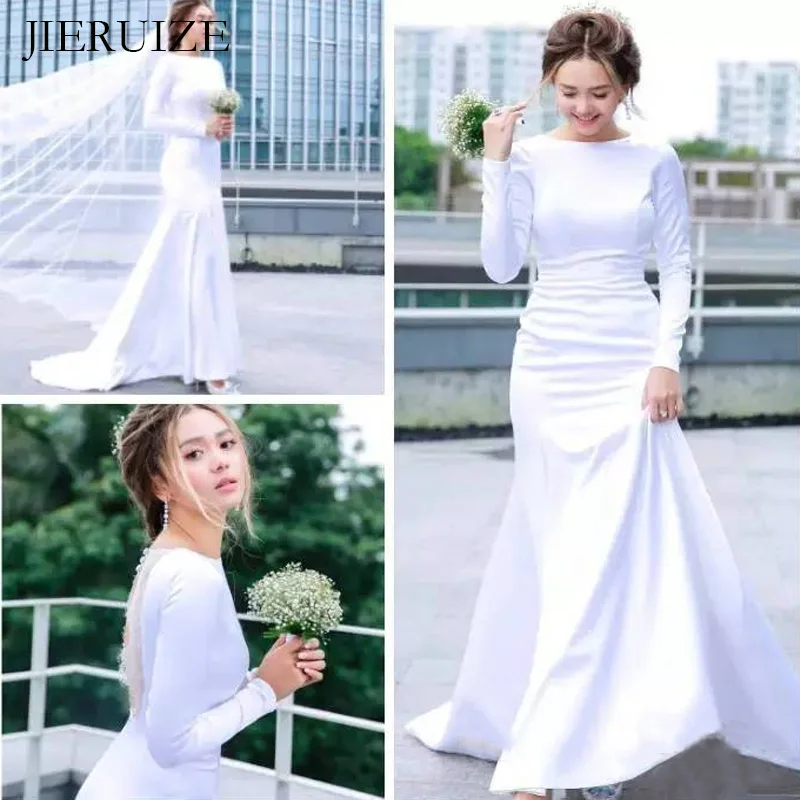 

JIERUIZE White Satin Mermaid Beach Wedding Dresses Long Sleeves Backless Boho Wedding Gowns Bride Dresses robe de mariee