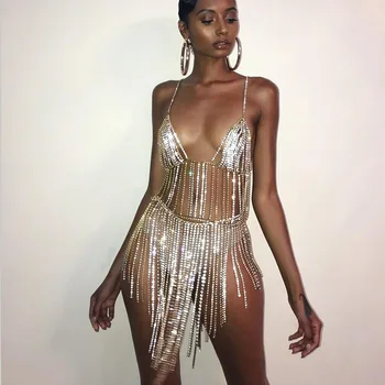

Fashion Women Sets Sleeveless Strap V-Neck Short Blingbling Top Mini Beading Sets Sexy Party Sets