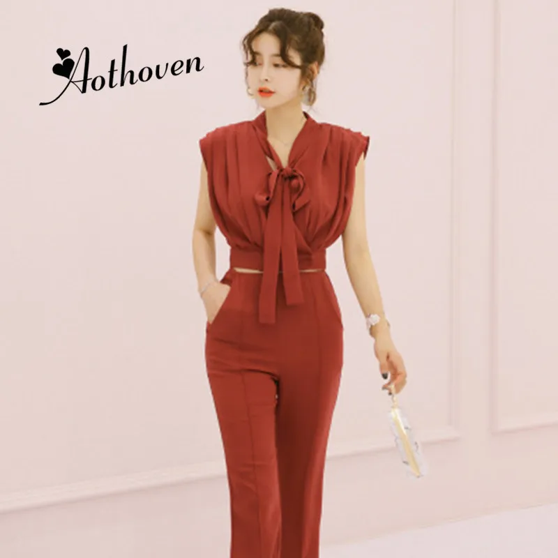 

Summer Women Suit Bow V-neck Sleeveless Draped Short Top and Full Straight Pants 2 Piece Set Office Lady Sheath Two Piece Set