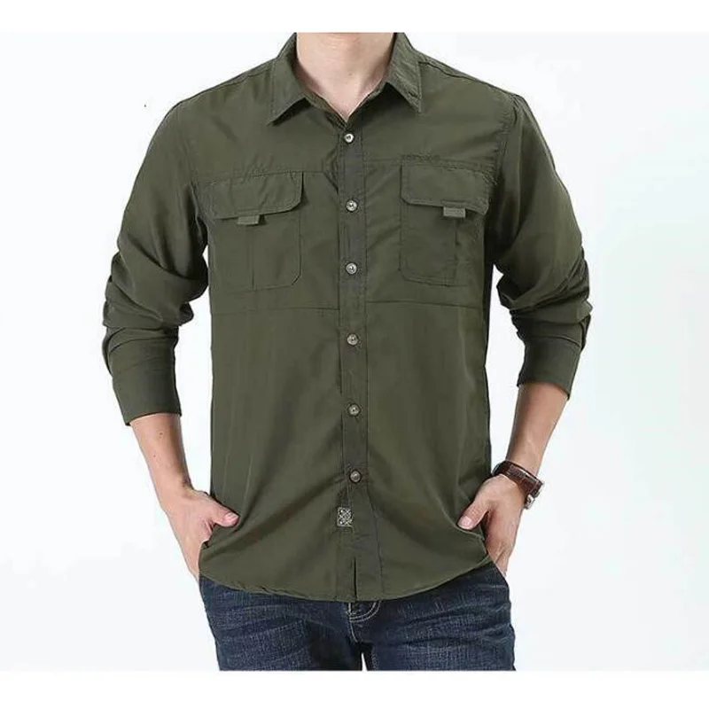 Брендовая одежда рубашка мужские Длинные рукава Quick dry военных грузов большие размеры M-4XL Мужская Повседневная рубашка camisa masculina
