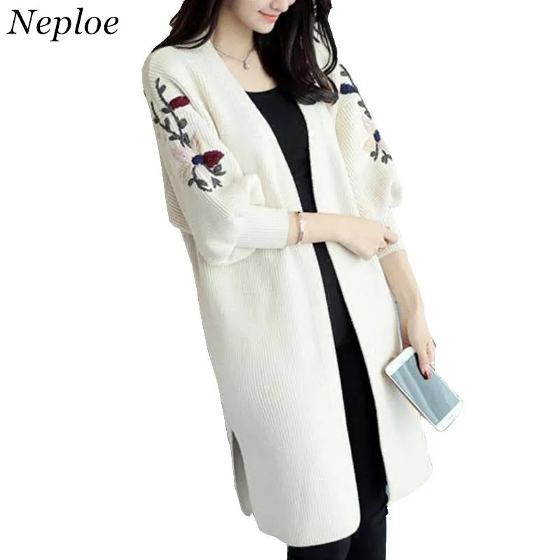 Neploe Long Sweater Cardigan Floral Embroidery Knitted Coat Pocket