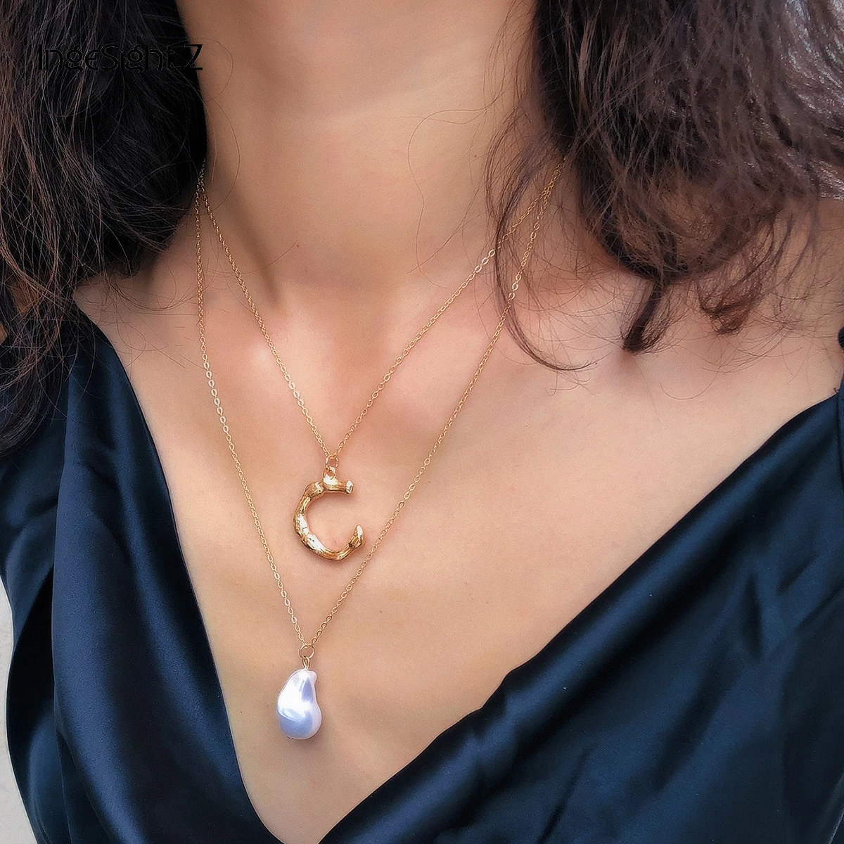 

IngeSight.Z Multi Layered Irregular Simulated Pearl Choker Necklace Collar Statement Letter C Pendant Necklace for Women Jewelry