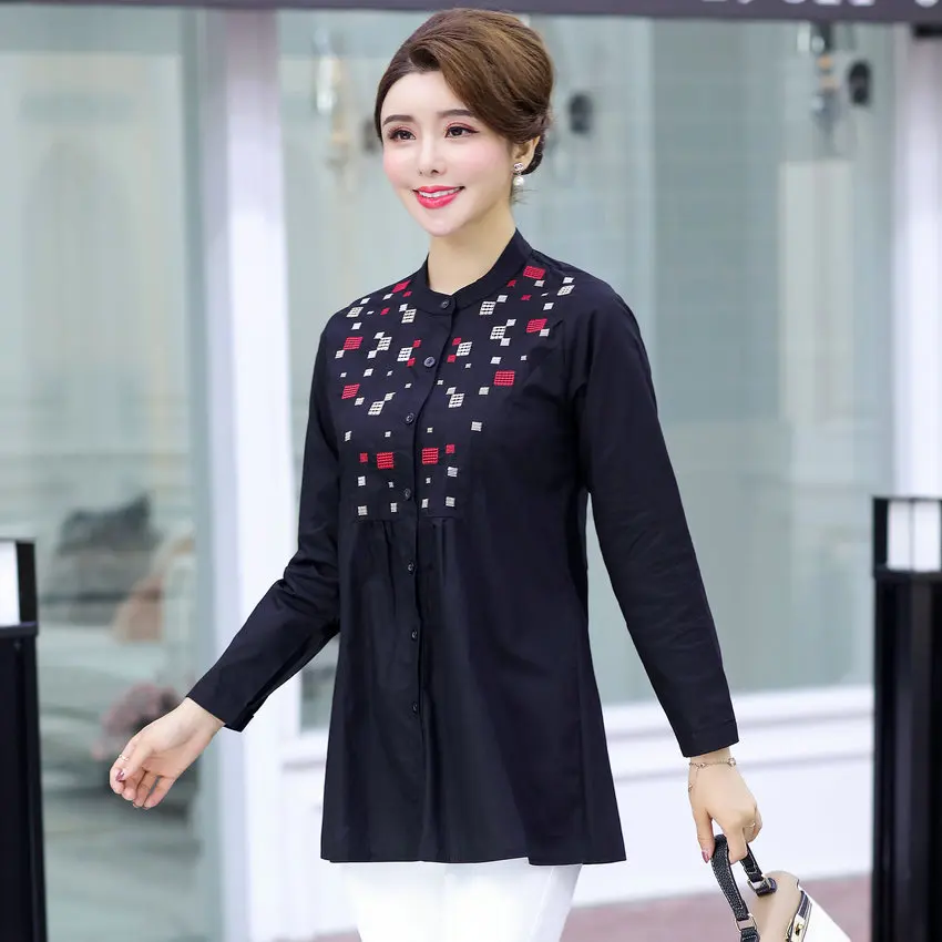 Women Plaid Stitchwork Tunic Gray Black Peplum Blouse Woman Casual Cotton Tops Plus Size Shirt Lady Embroidery Peasant Blouse XL Blouses