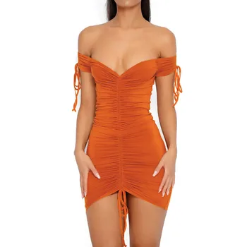 

2019 Summer Women Bodycon Dress Off-Shoulder Lace Up Pleated Dress Sexy Party Club Short Dress