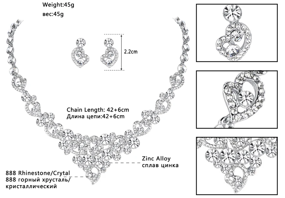hoja de cristal y perlas 1 conjunto de pendientes, 1 collar y pulsera Conjunto de joyería para novia o mujer Mecresh 