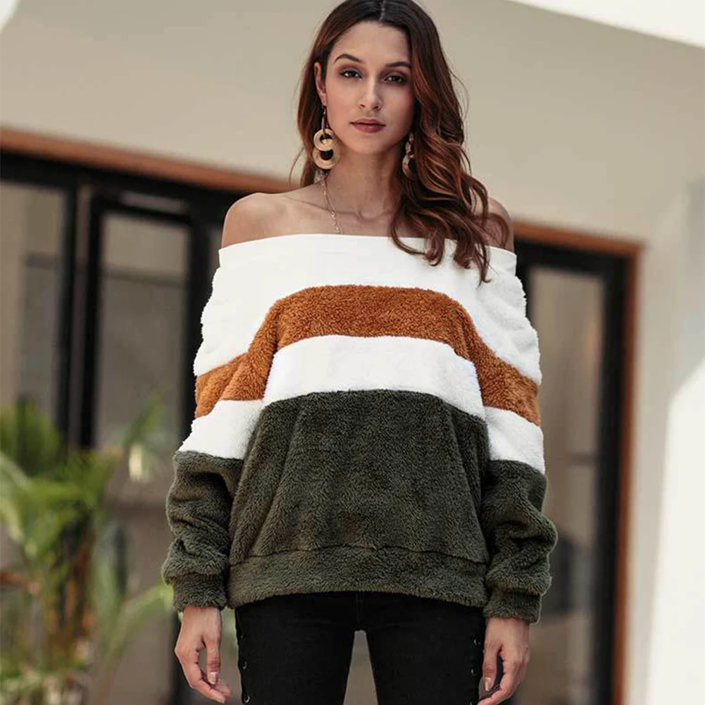 

Sexy Sweatshirt Women Autumn Winter Hot Off Shoulder Striped Hoodies Loose Pullover Clothes For Female Causal Women Sweatshirt