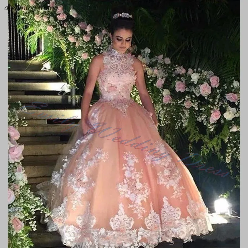 

Sweet 16 Year Champagne Quinceanera Dresses 2019 Vestido debutante 15 anos Ball Gown High Neck Sheer Lace Prom Dress For Party