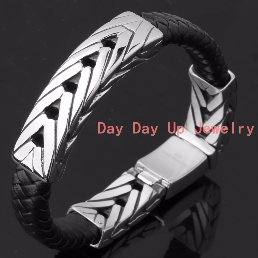 8.86&quot*11.8mm Strong Cool 316L Stainless Steel Silver Biker Chain Braided Leather Wristband Men's Bracelet Bangle Fashion Jewelry |