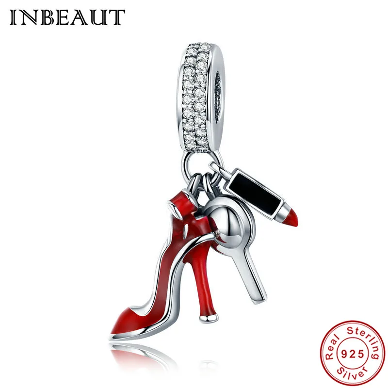 

INBEAUT Fine Chain Jewelry Women 925 Sterling Silver Red High Heeled Shoes Lipstick Makeup Pendant Charm fit Trendy Bracelet