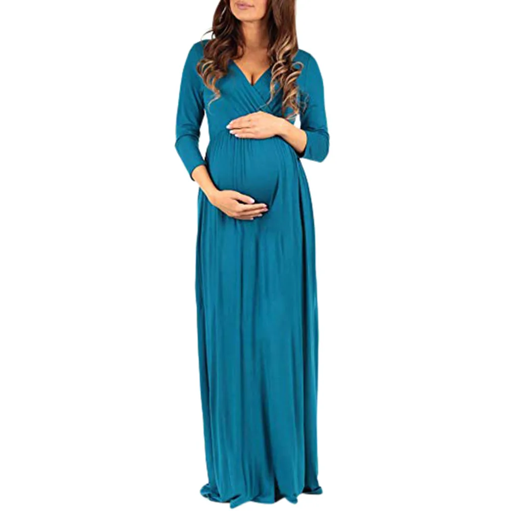 

Telotuny Women's Maternity Dress Women Wraped Ruched Maternity Pregnant Solid 3/4 Sleeve V Neck Long Loose Dress #40