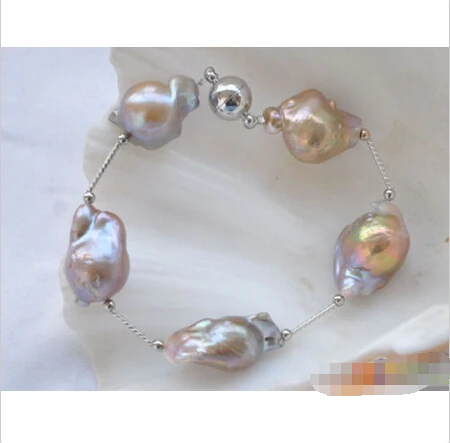 

Free shipping >>>>>>P4014 8" 17mm lavender BAROQUE KESHI REBORN PEARL gild 5star bracelet