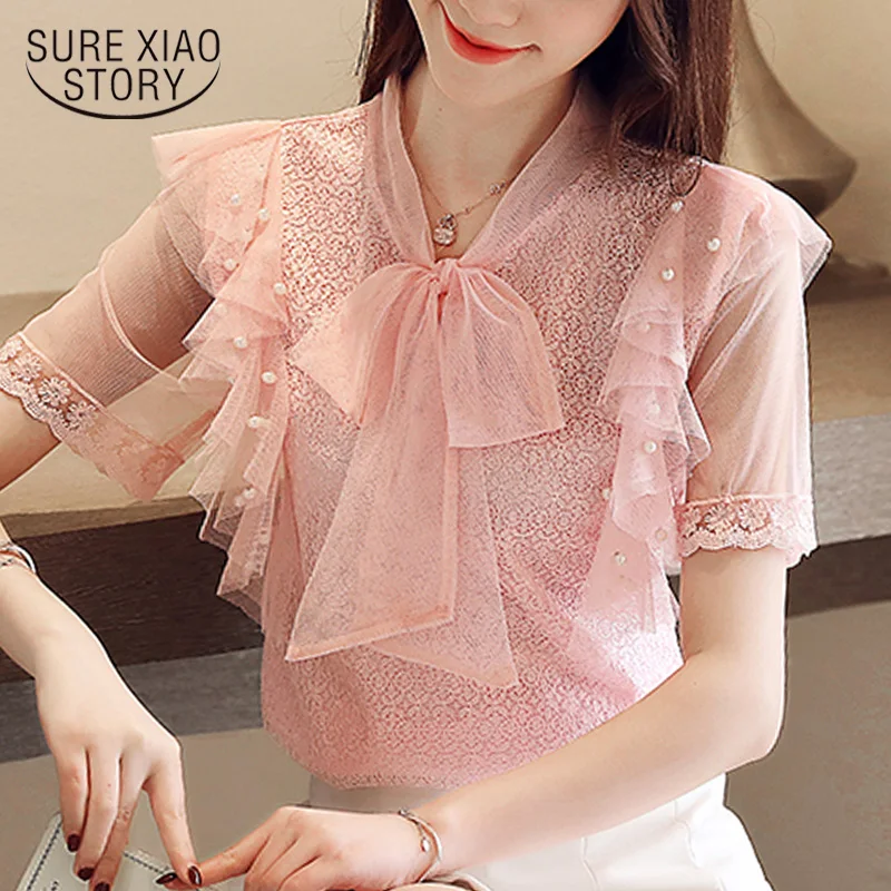 

blusas mujer de moda 2019 bow collar beading lace blouse women short sleeve shirts womens blouses and tops ladies tops 4630 50