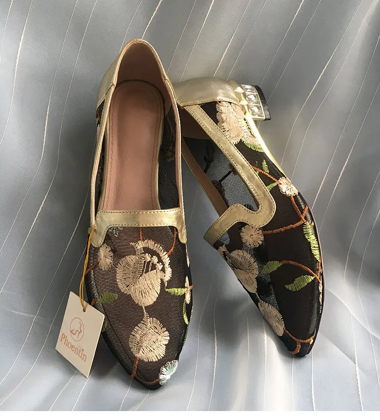 Phoentin/Женская обувь с вышитыми цветами на низком квадратном каблуке; обувь золотистого цвета с прозрачным кружевом и сеткой; коллекция года; удобная женская обувь; FT423
