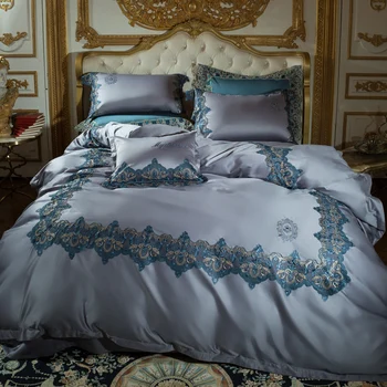 

Blue Bedding 120 Deluxe Egyptian Cotton Queen King Embroidery Lace Gold Covered Bed Sheet Pillow Cover Set 4/5 PCs