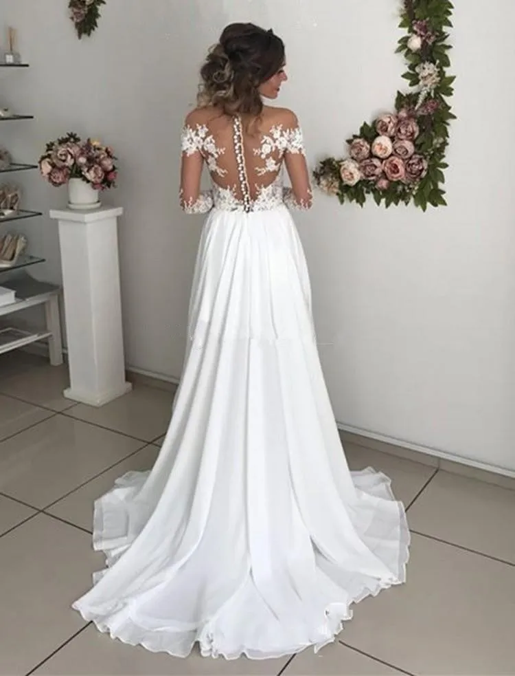 sexy-long-sleeves-wedding-dresses-sheer-neck-illusion-bodice-appliques-chiffon-slit-boho-bridal-dresses-beach-wedding-gowns-with-split (2)_