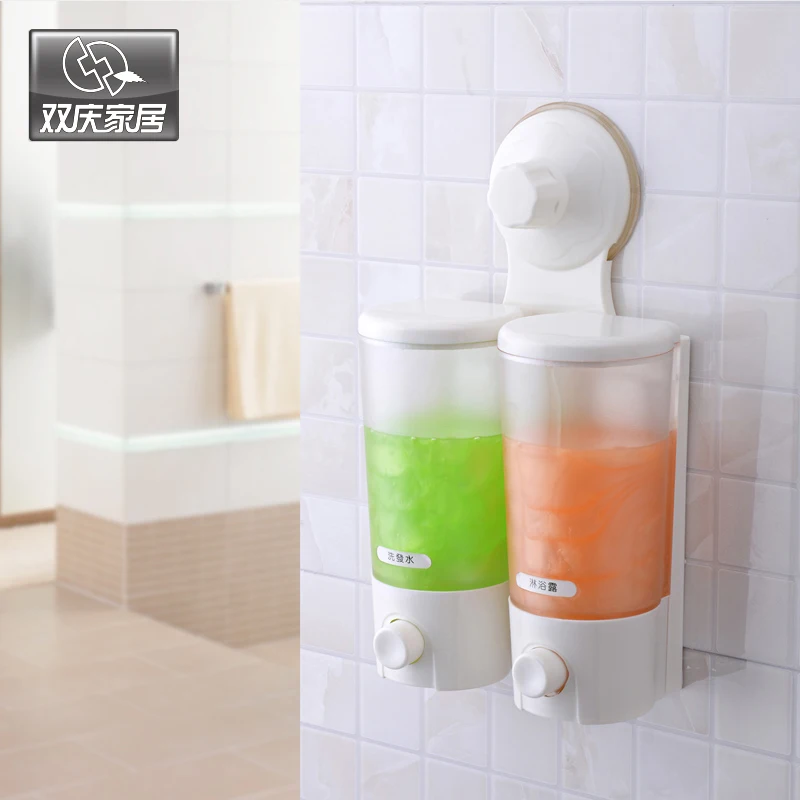 

Shuangqing Suction Cup Or Use Screw Wall Mounted Double Hand Liquid Soap Dispenser Holder Shower For Bathroom Hotel Style