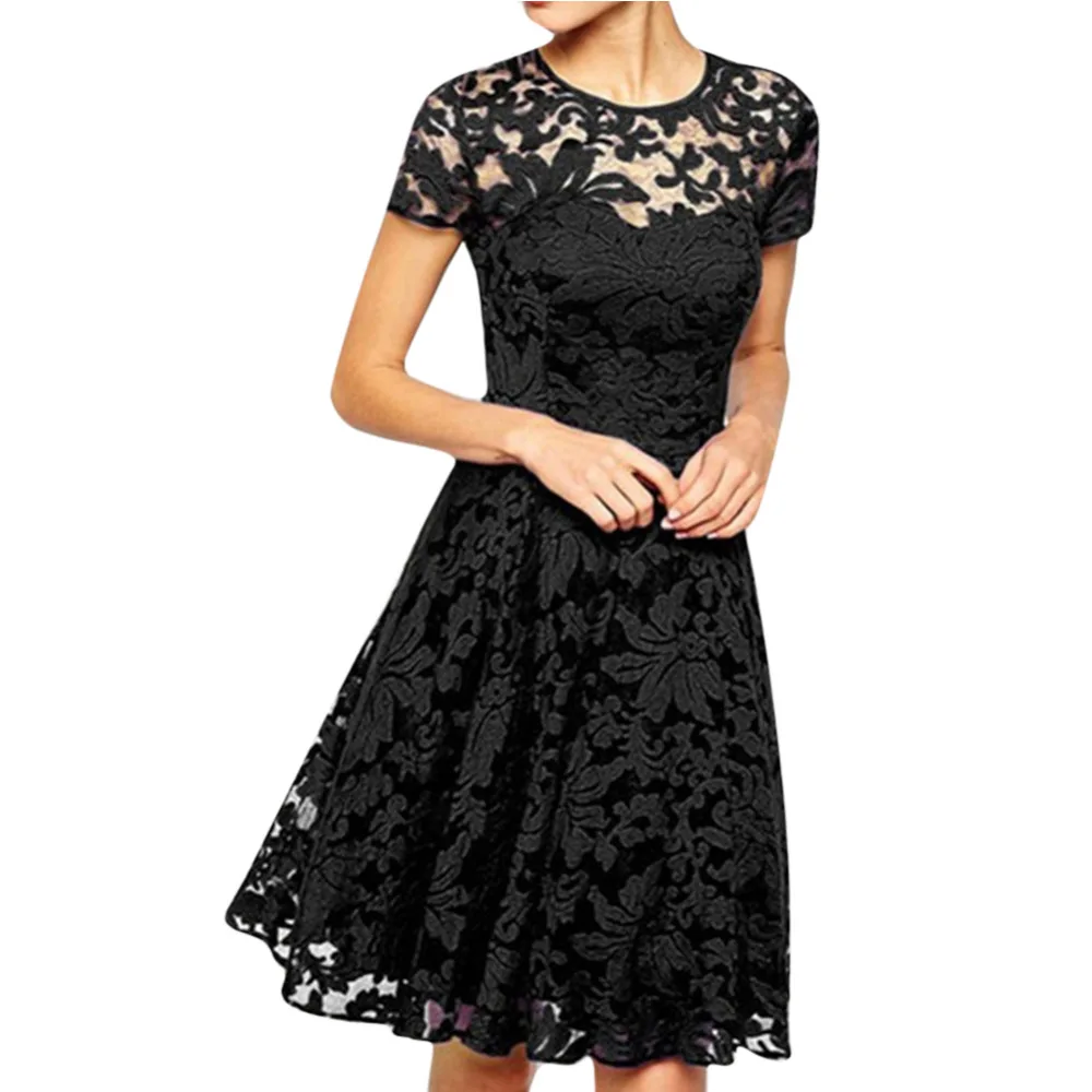 Hot sale New O Neck Lace font b Dress b font Short sleeve Solid Red Knee